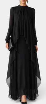 Mahaute Sophronie long black evening gown with sheer sleeves, high neckline, and elegant asymmetrical draped panels.
