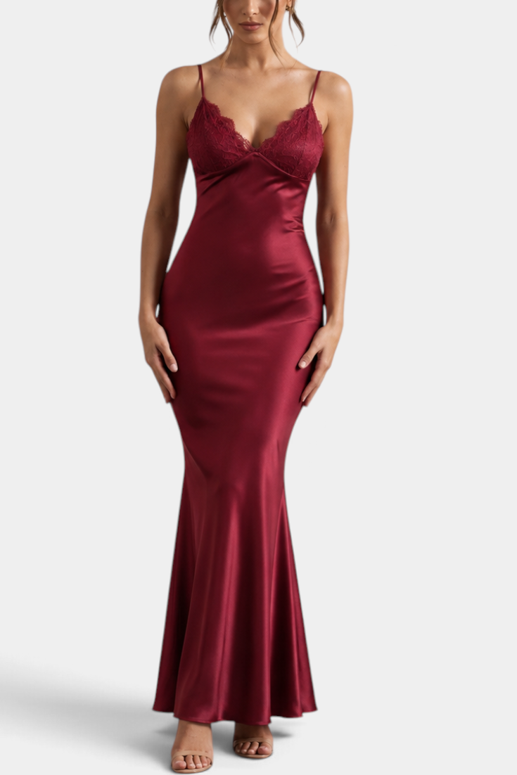 Mahaute Srebrina long burgundy satin evening gown with delicate lace V-neckline and thin spaghetti straps