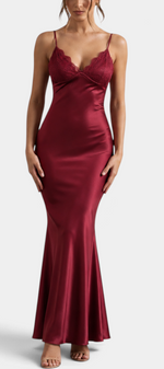 Mahaute Srebrina long burgundy satin evening gown with delicate lace V-neckline and thin spaghetti straps