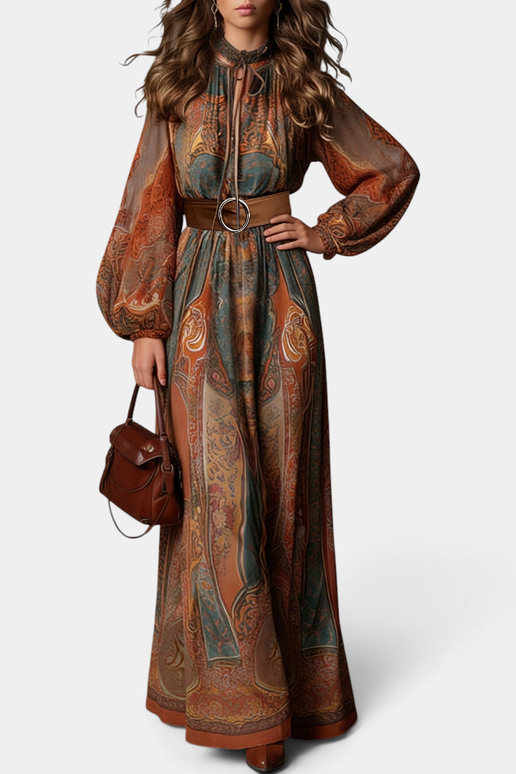 Mahaute Suevy long bohemian dress with ornamental print, tie neck, sheer puff sleeves, and a brown buckled belt.