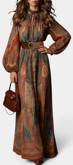 Mahaute Suevy long bohemian dress with ornamental print, tie neck, sheer puff sleeves, and a brown buckled belt.