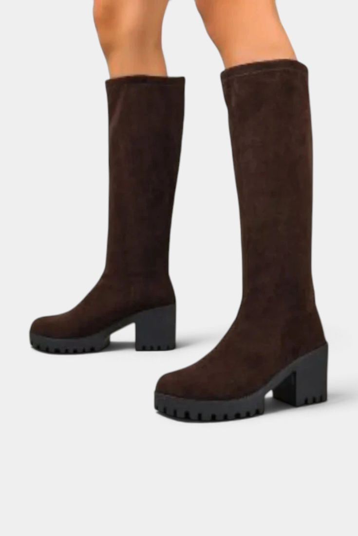 Mahaute Suny dark brown knee-high boots with a chunky block heel and thick lug sole