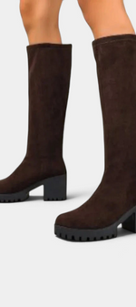 Mahaute Suny dark brown knee-high boots with a chunky block heel and thick lug sole
