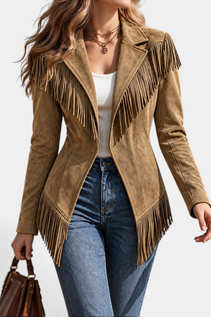 Mahaute tan faux suede jacket with fringe detailing, tailored collar, and fitted silhouette.