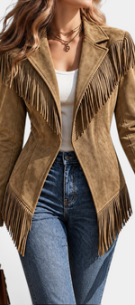 Mahaute tan faux suede jacket with fringe detailing, tailored collar, and fitted silhouette.