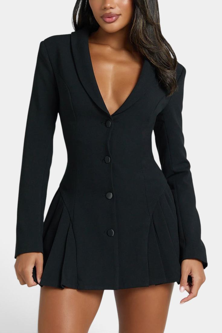 Mahaute Thelma black blazer mini dress with deep V-neck, tailored waist, and pleated skirt detail