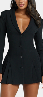 Mahaute Thelma black blazer mini dress with deep V-neck, tailored waist, and pleated skirt detail