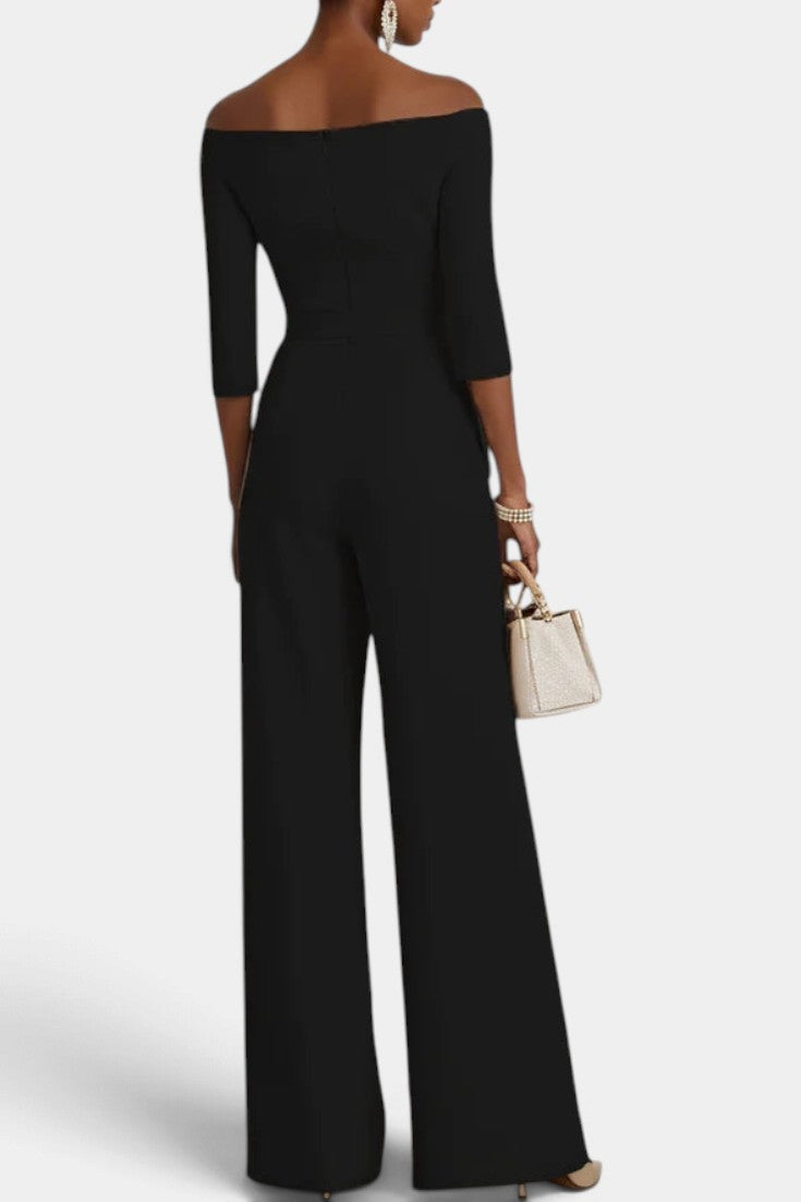 Mahaute Tisdale black off-the-shoulder jumpsuit with three-quarter sleeves and wide-leg trousers, back view