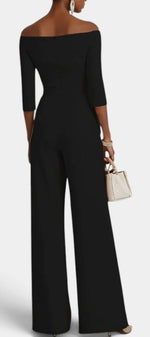 Mahaute Tisdale black off-the-shoulder jumpsuit with three-quarter sleeves and wide-leg trousers, back view