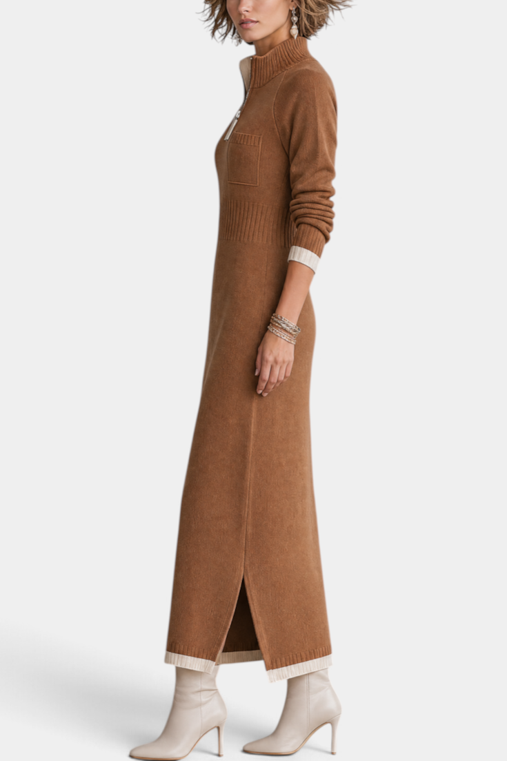 Mahaute Tryphena long brown knit dress with a zip-up mock neck, ribbed waist, chest pocket, and side slit detail.