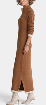 Mahaute Tryphena long brown knit dress with a zip-up mock neck, ribbed waist, chest pocket, and side slit detail.