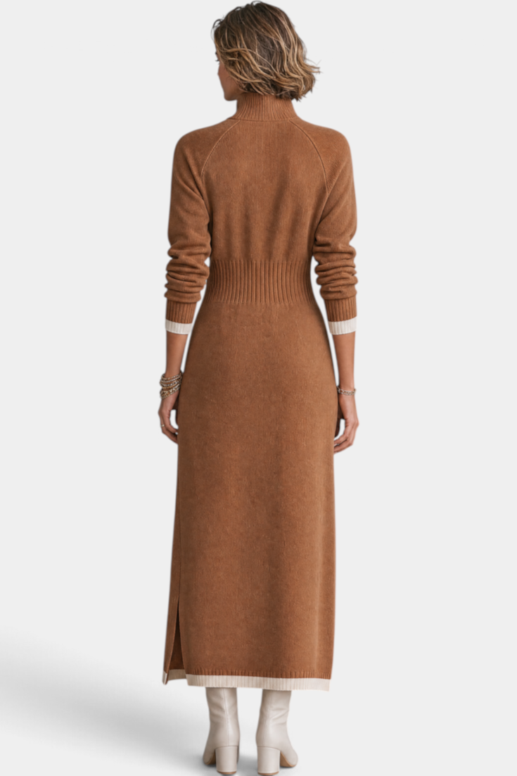 Back view of a Mahaute Tryphena long brown knit dress with a ribbed waist, zip collar, and side slit on a model.