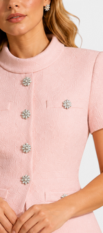 Mahaute Tsvetana pale pink structured jacket with short sleeves and ornate jewel buttons for a formal ensemble