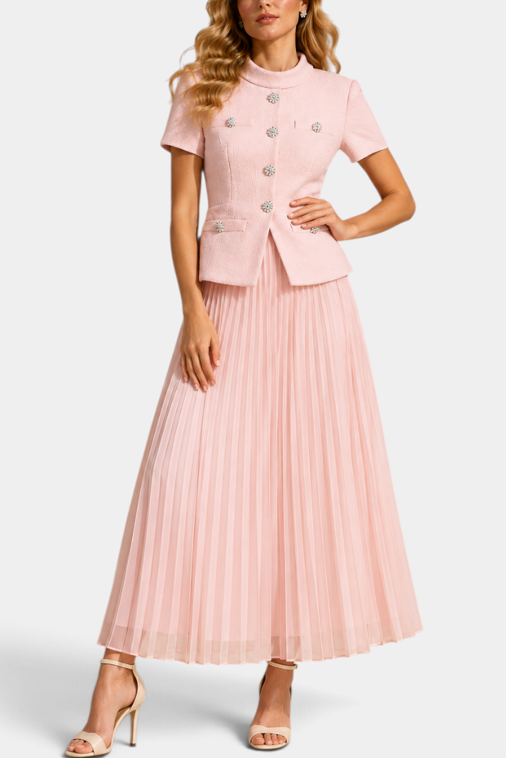 Mahaute Tsvetana pale pink structured short-sleeve jacket with jewel buttons and matching long pleated skirt