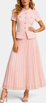 Mahaute Tsvetana pale pink structured short-sleeve jacket with jewel buttons and matching long pleated skirt