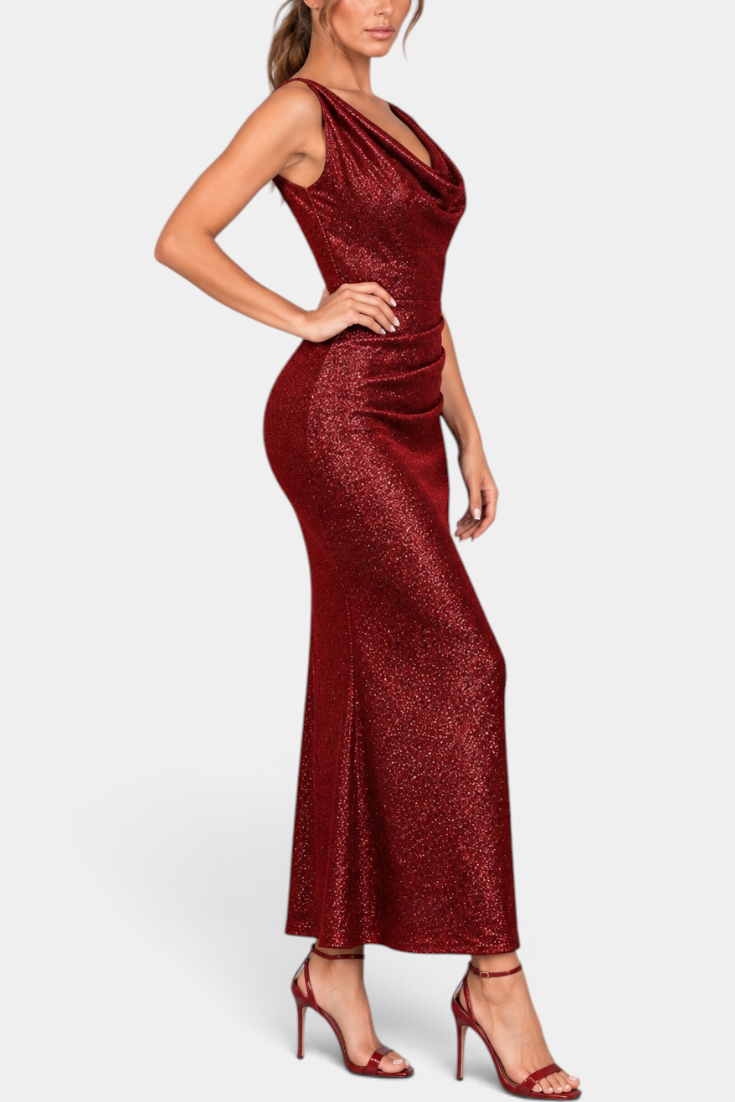Mahaute Tsvetelina long red shimmering evening gown with cowl neck and draped waist on a model