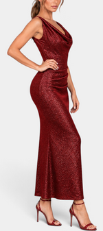 Mahaute Tsvetelina long red shimmering evening gown with cowl neck and draped waist on a model