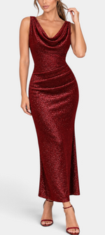Mahaute Tsvetelina long red shimmering evening gown with a cowl neckline and draped waist detail on a model