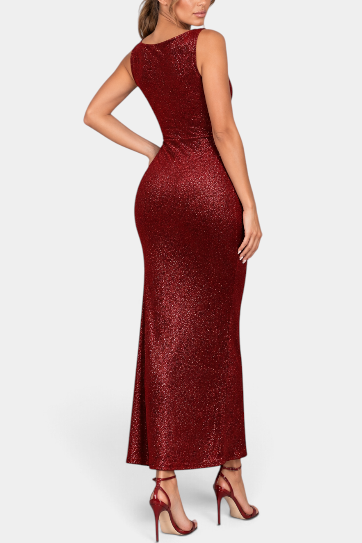 Mahaute Tsvetelina long red shimmering evening gown with a cowl neck and fitted silhouette worn by a model