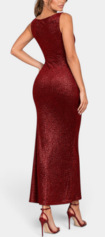 Mahaute Tsvetelina long red shimmering evening gown with a cowl neck and fitted silhouette worn by a model