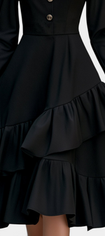 Mahaute Velislava black midi dress with long sleeves, cinched waist, jewel buttons, and asymmetrical ruffled skirt.