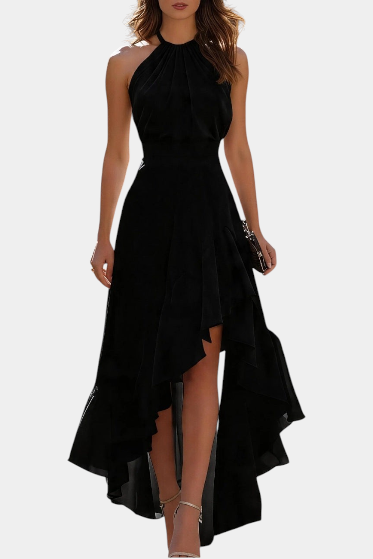 Mahaute Verity black asymmetrical long dress with pleated halter neckline and flowing ruffles for formal events