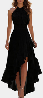 Mahaute Verity black asymmetrical long dress with pleated halter neckline and flowing ruffles for formal events
