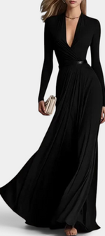 Mahaute Veselina black long-sleeve wrap dress with a draped bodice, deep V-neckline, and belted waist.
