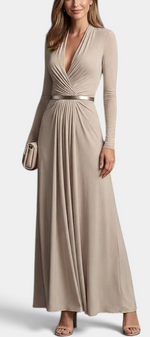 Mahaute Veselina long beige wrap dress with draped bodice, long sleeves, and metallic waist belt on a model