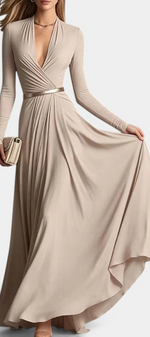Mahaute Veselina beige long wrap dress with long sleeves, draped bodice, and belted waist for formal occasions.