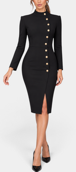 Mahaute Vihra black midi dress with high neck, long sleeves, and asymmetrical gold button detailing on the front
