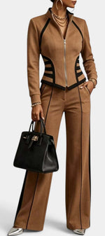 Mahaute Walters camel zip-up jacket and wide-leg trousers set with black graphic contrast detailing on a model
