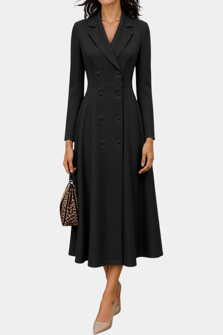 Robe mi-longue noire Mahaute Wendelien, style tailleur avec double boutonnage et taille cintrée, vue de face.