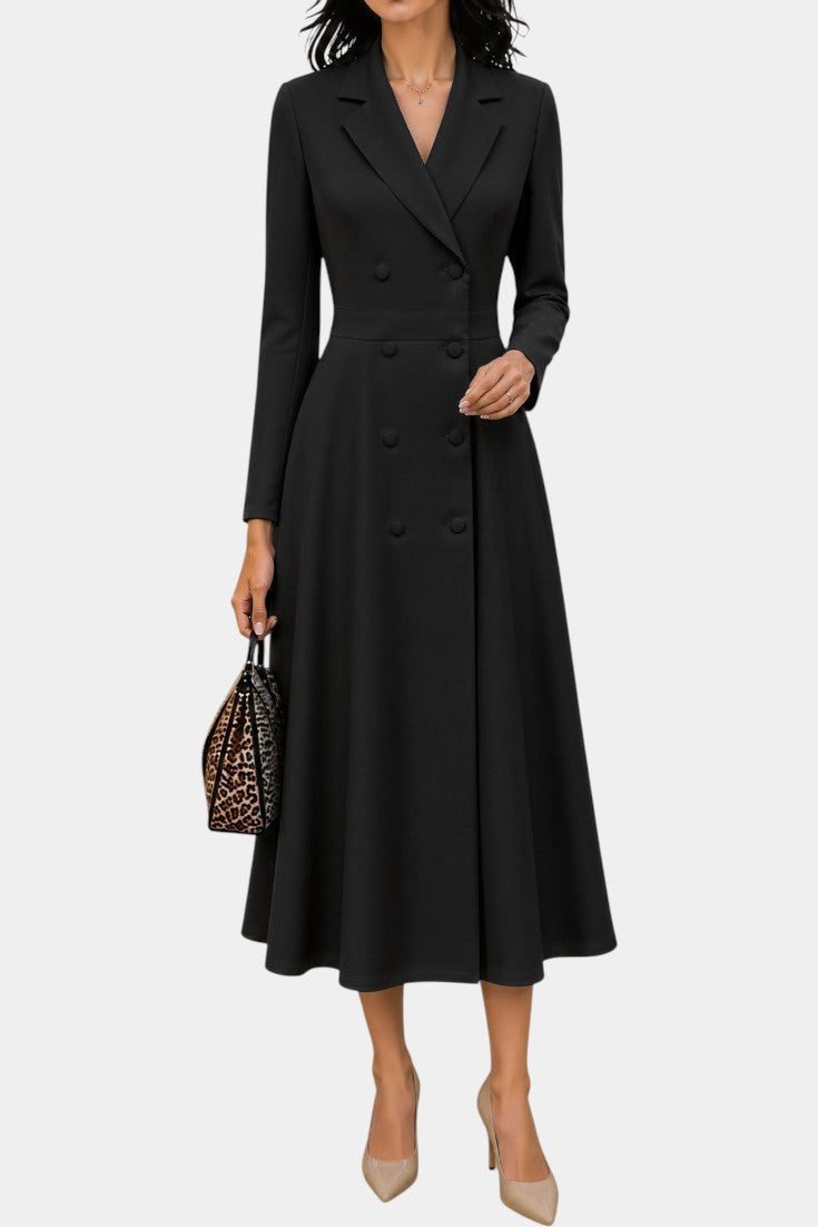 Robe mi-longue noire Mahaute Wendelien, style tailleur à double boutonnage et taille cintrée, vue de face.