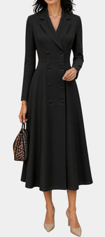 Robe mi-longue noire Mahaute Wendelien, style tailleur à double boutonnage et taille cintrée, vue de face.