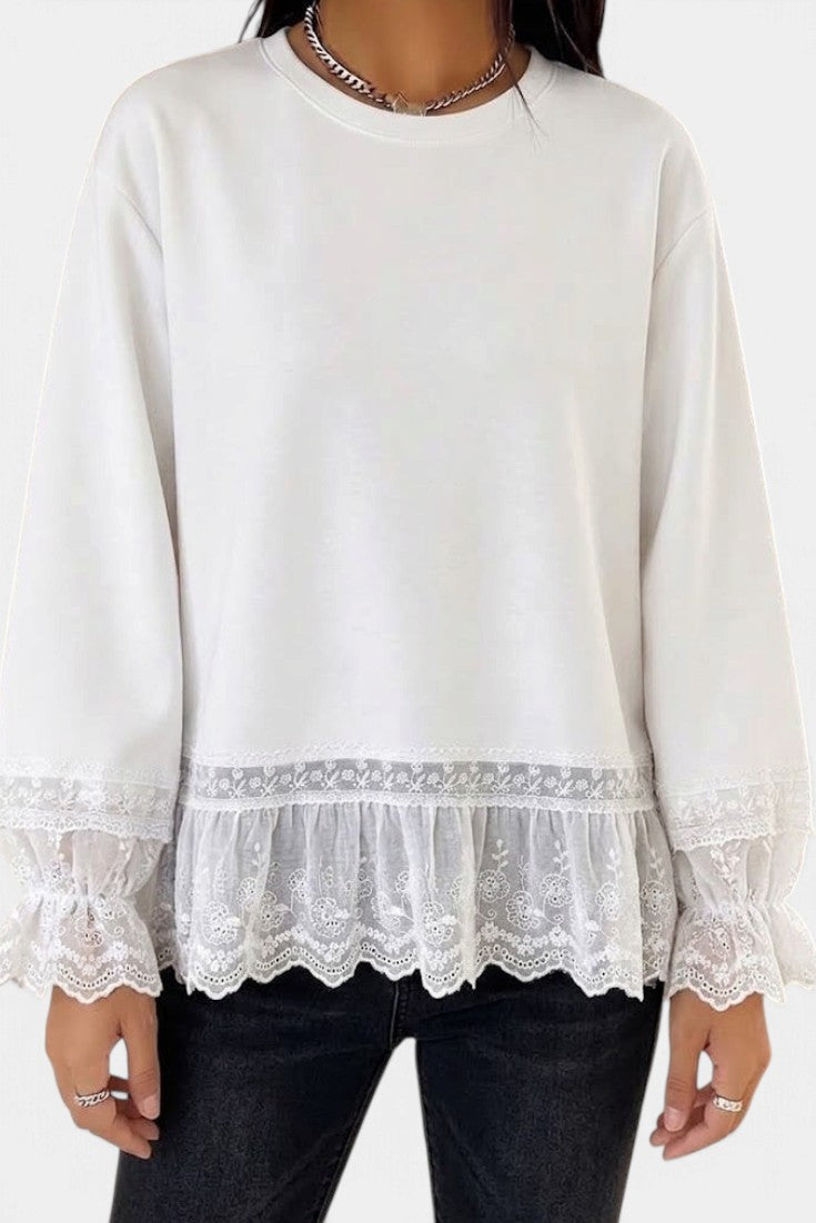 Mahaute white fluid blouse with 3/4 sleeves and delicate floral lace hem and cuff details