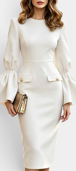 Mahaute white midi sheath dress with flared sleeves, flap pockets, and gold buttons worn by a woman with a clutch.