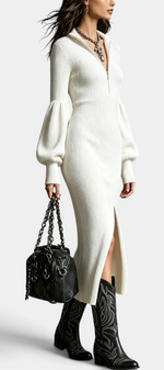 Mahaute white ribbed midi dress with balloon sleeves, zip collar, and front slit, styled with black western boots.