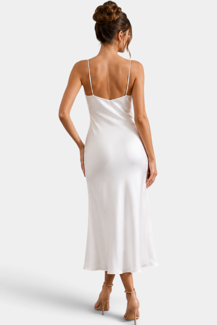 Back view of a model wearing a Mahaute white satin long slip dress with thin straps and a minimalist elegant cut