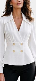 Mahaute white tailored blouse with crossover neckline, cinched waist, and decorative gold buttons.