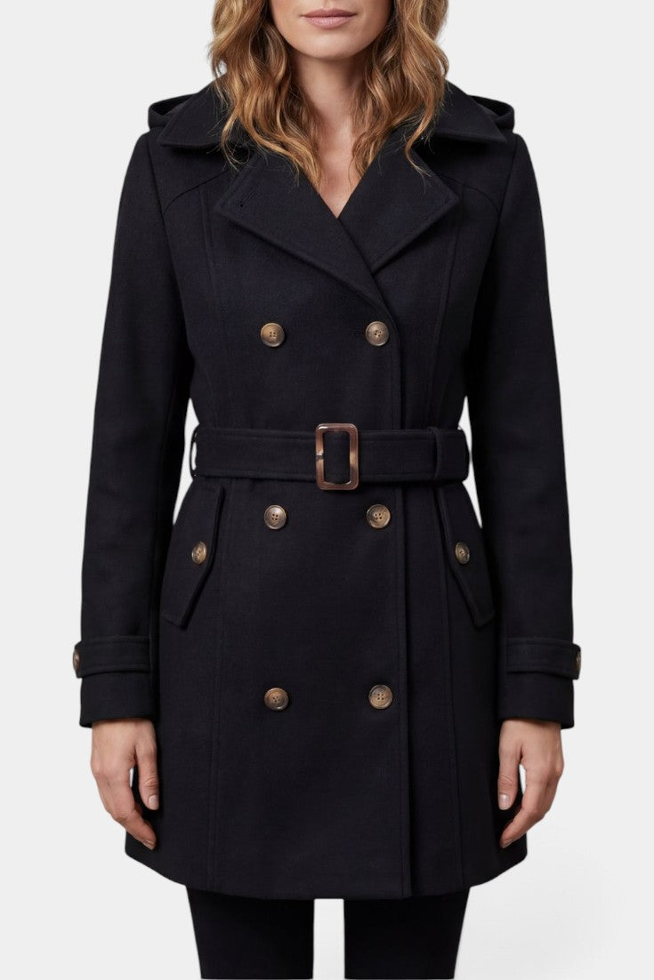 Mahaute Wivine trench court noir à capuche, double boutonnage et ceinture, vêtement élégant et pratique.