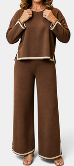 Mahaute Ysella brown knit lounge set with a loose long-sleeve top and wide-leg trousers featuring contrast trim.
