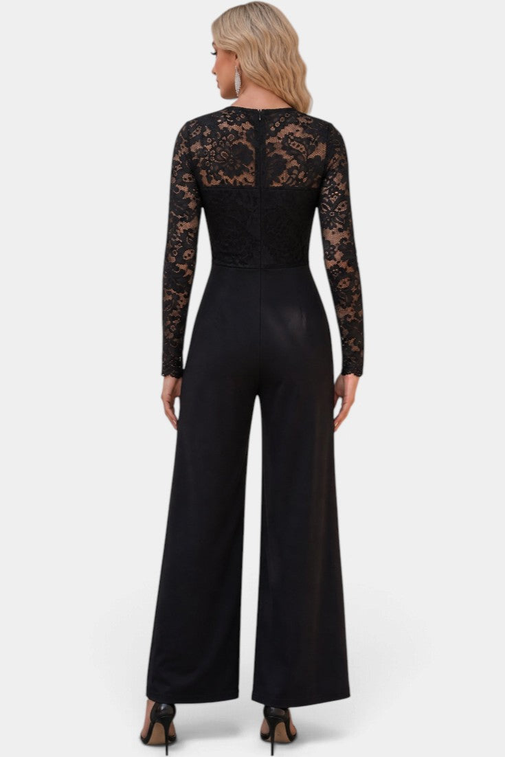 Back view of Mahaute Zareena black jumpsuit featuring a floral lace bodice, long sleeves, and wide-leg trousers.