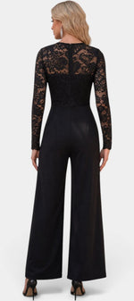 Back view of Mahaute Zareena black jumpsuit featuring a floral lace bodice, long sleeves, and wide-leg trousers.