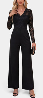 Mahaute Zareena black jumpsuit with long-sleeve floral lace bodice, V-neckline, and wide-leg trousers for formal wear.
