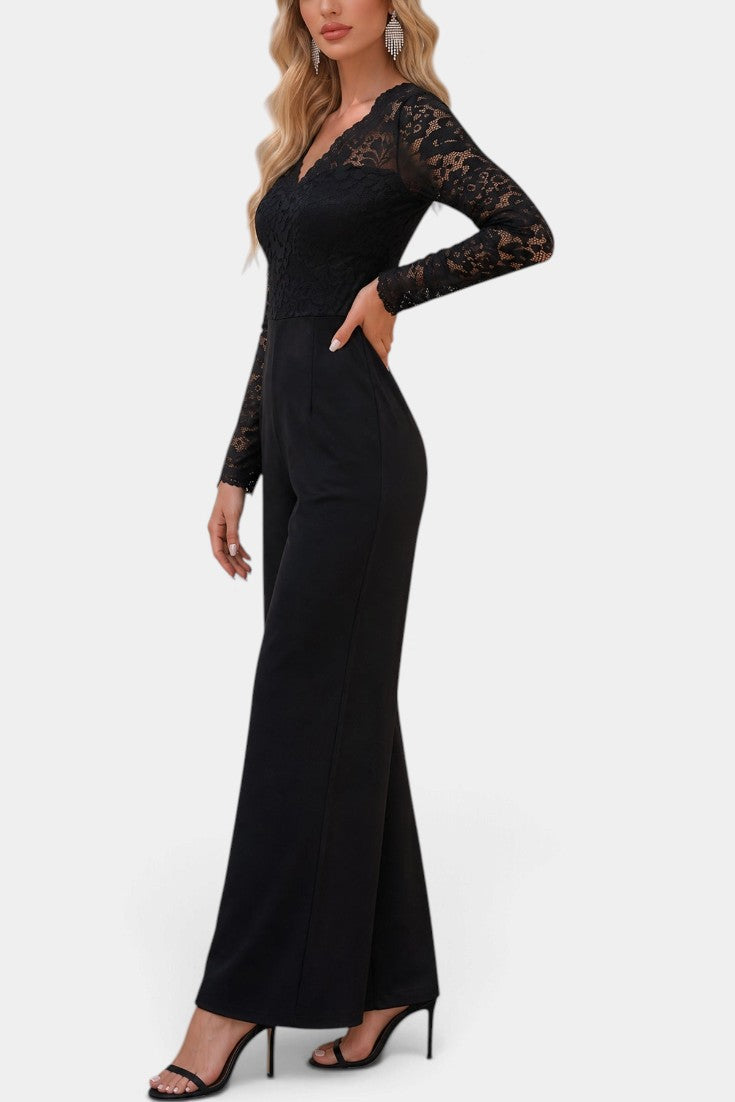 Mahaute Zareena black jumpsuit with long-sleeve floral lace bodice, V-neckline, and wide-leg trousers