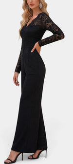 Mahaute Zareena black jumpsuit with long-sleeve floral lace bodice, V-neckline, and wide-leg trousers