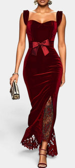 Mahaute Zella long burgundy velvet evening gown with sweetheart neckline, satin waist bow, and lace skirt panel.