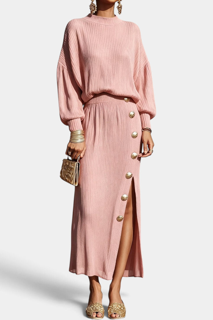 Mahaute Zornitsa pink pleated two-piece set featuring a fluid blouse and a long skirt with gold button side slit.
