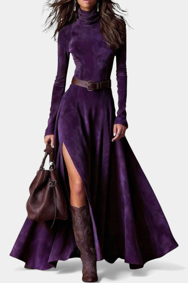 Roselda Robe Maxi à Col Roulé & Fente Élégante